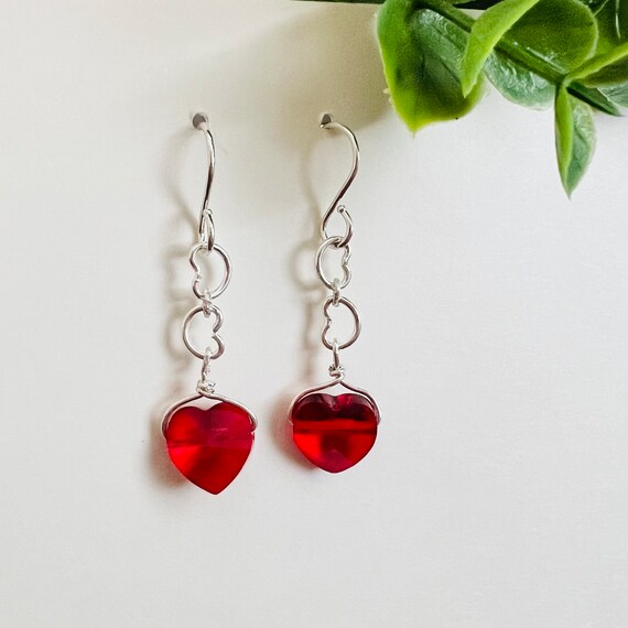 Heart Earrings with Red Swarovski(R) Crystal Drops Hammered Sterling Silver Heart Earrings with Red Swarovski(R) Crystal Drops Hammered Sterling Silver