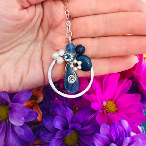 Kyanite Lapis Blue Chalcedony Sterling Silver Circle Pendant Necklace