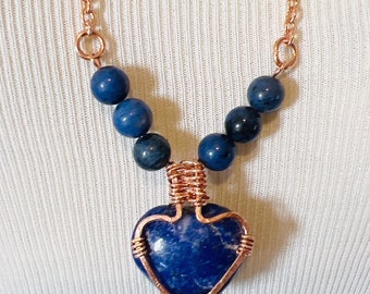 Lapis Heart Bead Copper Wire Wrapped Necklace OOAK