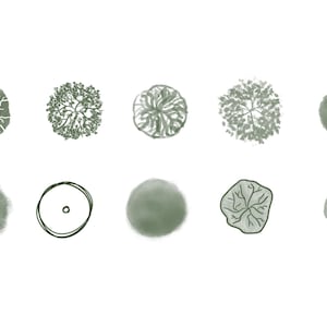 Könnte beinhalten: Zehn verschiedene grüne und graue Baumkronen-Illustrationen, darunter ein Kreis mit einem Punkt in der Mitte, ein Kreis mit einer strukturierten Oberfläche und ein Kreis mit einem detaillierten Astmuster.