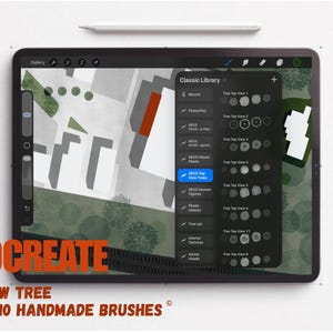 May include: A digital illustration on a tablet, featuring a top-down view of a landscape with buildings and trees. The screen displays a Procreate interface with a brush library. The text "PROCREATE" and "TOP VIEW TREE SET OF 10 HANDMADE BRUSHES" are visible.
