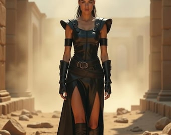 Genuine Leather Warrior Dress | Black Armored Gladiator Costume | High Slit Battle Gown | Women's Fantasy LARP Outfit | Cosplay Armor Set