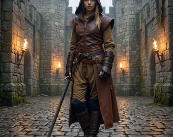 Women's Brown Leather Ranger Costume | Hooded Medieval Warrior Outfit | Fantasy LARP Assassin Attire | Renaissance Stealth Roleplay Dress
