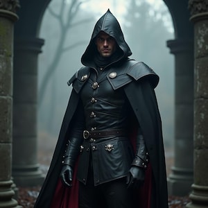 Genuine Leather Hooded Armor | Black Medieval Assassin Cloak | Warrior LARP Costume For Him | Men&#39;s Fantasy Outfit | Gothic Cosplay Cape Set