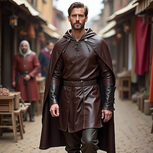 Genuine Leather Hooded Cloak | Brown Medieval Tunic Coat | Renaissance Warrior Outfit | Men&#39;s LARP Costume | Men&#39;s Fantasy Cosplay Wear