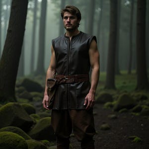 Men&#39;s Sleeveless Brown Leather Tunic | Medieval Fantasy  Fair Costume | Belted LARP Roleplay Outfit with Side Pouch | Rustic Cosplay Attire