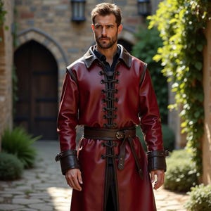 Burgundy Leather Trench Coat for Men | Medieval Renaissance Laced Jacket | Gothic Steampunk Warrior Outfit | Belted Armor-Inspired Outerwear