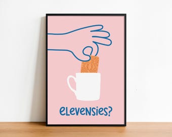 Tea & Biscuit Art Print - Elevensies? Quote For UK Kitchen Wall