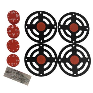 May include: Appliance parts: four black circular grates with red centres, four red control knobs with white text, and a small bag of screws. The knobs show settings such as "LOW", "HIGH", and numbers.