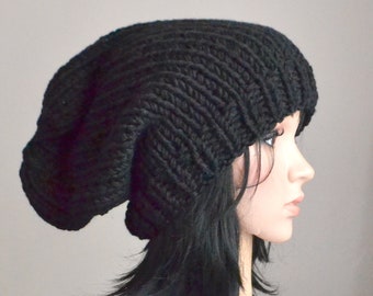 Chunky Boho,Beanie!Winter Hat!Long Beanie!Schwarz!Black!