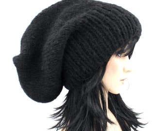 Strickmütze,Wintermütze,Alpaka,Seide! Chunky Hat,Long Beanie,Beanie,Slouch,schwarz,Unisex!