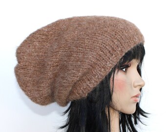 Strickmütze, Wintermütze, Alpaka, Seide ! Chunky Mütze, Lange Mütze, braun, Beanie, Slouche!