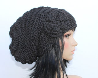 Chunky, Bonnet long, Strickmütze, Wintermütze, Anthracite, Häkelblume!Schurwolle!