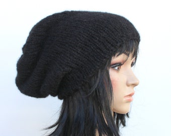 Strickmütze, Wintermütze, Alpaka, Seide ! Chunky Mütze,Lange Beanie,schwarz,Beanie,Slouch,SCHWARZ!