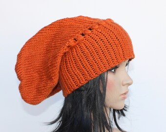 Chunky Hat,Long Beanie, Strickmütze, Wintermütze,orange,Schurwolle!UNIKAT!