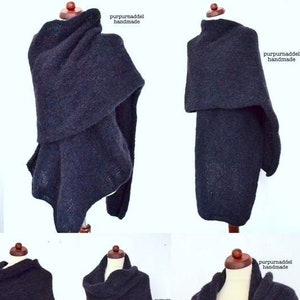 May include: A collection of dark gray shawls displayed on dress forms. The shawls are made of a soft, textured material and are draped in various styles. The text "purpurnaddel handmade" is visible in some images.