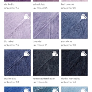 May include: A collection of yarn samples in various shades of purple, blue, and lavender. Each sample is labeled with a color name and number, including "dunkellila," "erikaviolett," "hell lavendel," "lila nebel," "lavendel," and "sturmblau."