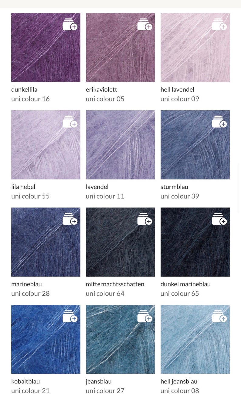 May include: A collection of yarn samples in various shades of purple, blue, and lavender. Each sample is labeled with a color name and number, including "dunkellila," "erikaviolett," "hell lavendel," "lila nebel," "lavendel," and "sturmblau."