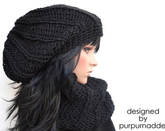 Super Cool Chunky Black Hat, Knit Hat, Knitting, Long Beanie, Beanie Hat, Winter Knit Hat!