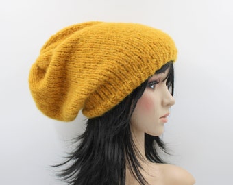 Strickmütze,Wintermütze,Alpaka,Seide! Chunky Hat,Long Beanie,curry, Beanie,Slouch!