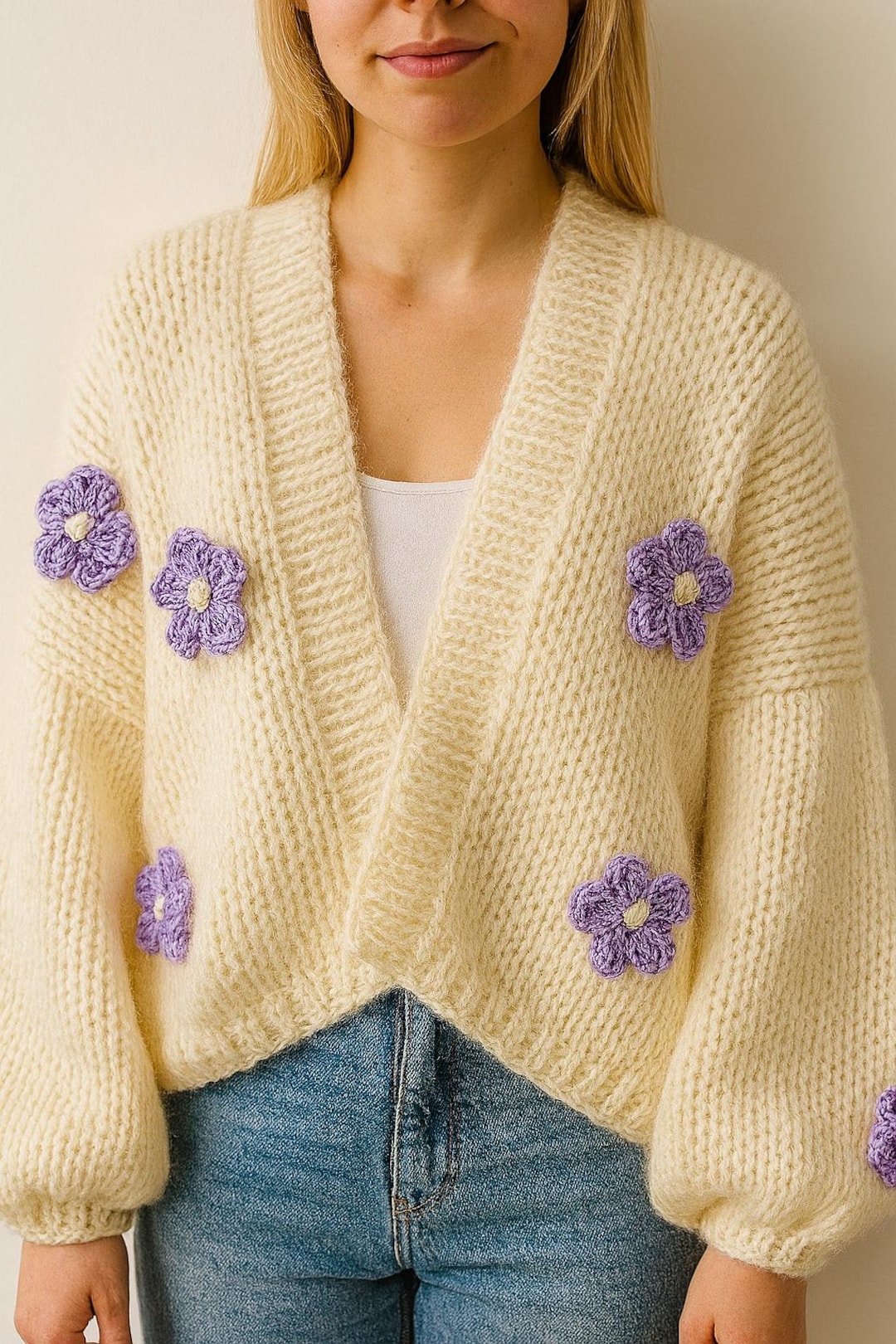 Cardigan, Creme,Strickmantel Oversize, Grobstrickjacke ,Onesize