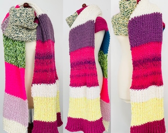 XXL Strickschal, Schal! Winterschal! Gestrickt! Patchwork, Pink,Grün, Creme! Onesize! Grobstrick! Unikat!