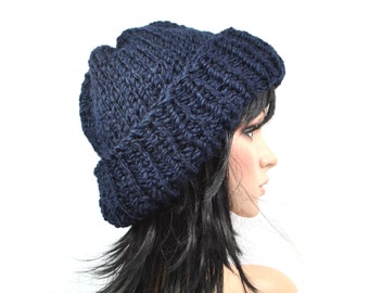 Chunky Hat,Long Beanie,For Women,For Men,Slouchy,Strickmütze,Nachtblau!