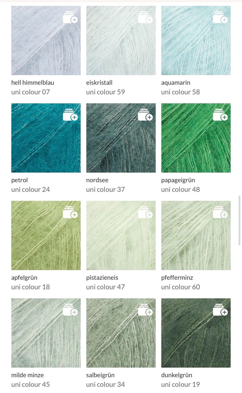 May include: A collection of yarn samples in various colors, including light blue, teal, green, and gray. Each sample is labeled with a color name and number. The yarn appears soft and fluffy.