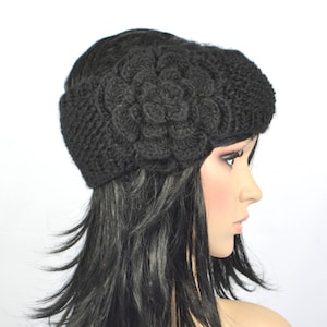 Stirnband, Winter , Häkelblume, gestrickt, schwarz, Wolle!