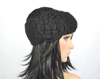 Stirnband, Winter , Häkelblume, gestrickt, schwarz, Wolle!