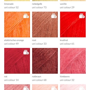 May include: A collection of yarn samples in various colors, including yellow, orange, red, and pink. Each sample is labeled with a color name and a unique number. The yarn appears soft and fluffy, ideal for knitting or crochet projects.