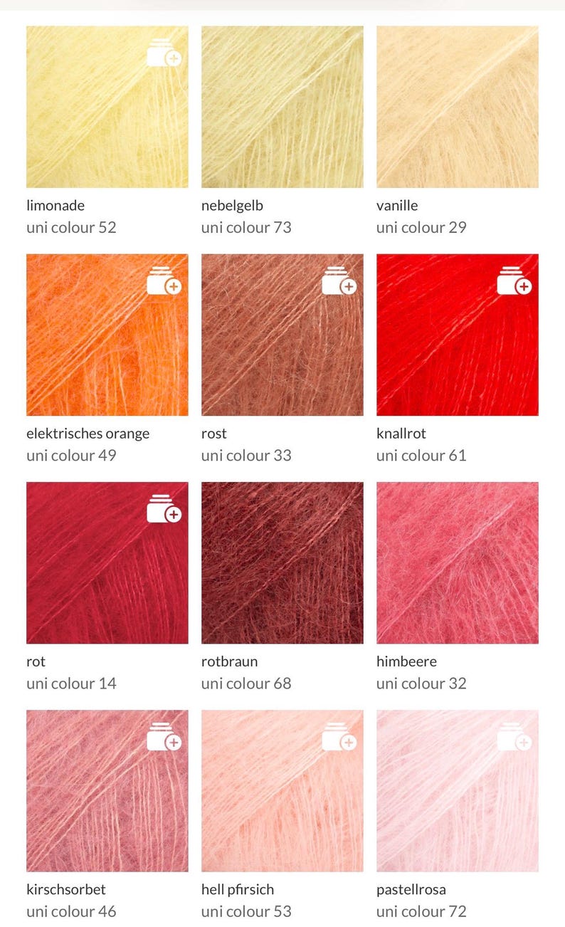 May include: A collection of yarn samples in various colors, including yellow, orange, red, and pink. Each sample is labeled with a color name and a unique number. The yarn appears soft and fluffy, ideal for knitting or crochet projects.
