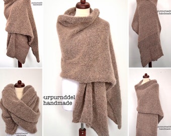 XXL Strickschal, Schal! Winterschal! Gestrickt!Poncho! Damen! Onesize! Grobstrick! Decke, Schulterwärmer!Braun meliert! Alpaka/Seide!