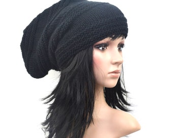 Super cool,Chunky black HAT,Knitting, Long Beanie, BOHO! Slouchy! Winter!