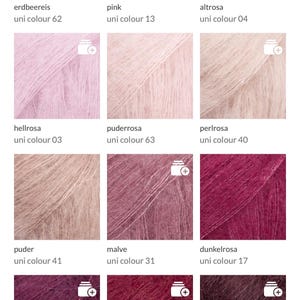 May include: A collection of various shades of pink yarn, including light pink, hot pink, and deep burgundy. Each color is labeled with a name and a uni color number. The image showcases a range of colors, from soft pastels to rich, dark hues.