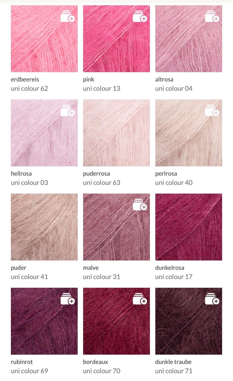 May include: A collection of various shades of pink yarn, including light pink, hot pink, and deep burgundy. Each color is labeled with a name and a uni color number. The image showcases a range of colors, from soft pastels to rich, dark hues.