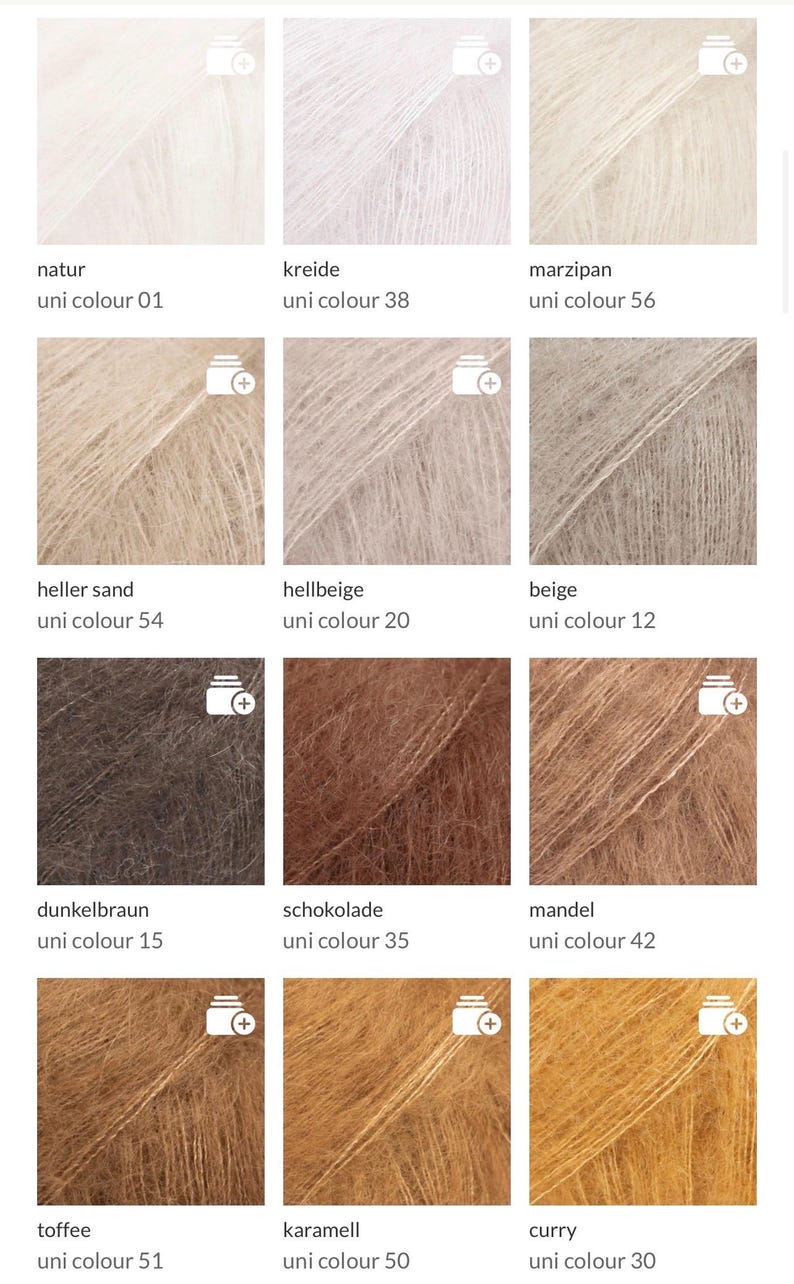 May include: A collection of yarn samples in various colors, including white, beige, brown, and yellow. Each sample is labeled with a color name and a unique identifier. The yarn appears soft and fluffy, suitable for knitting or crochet projects.