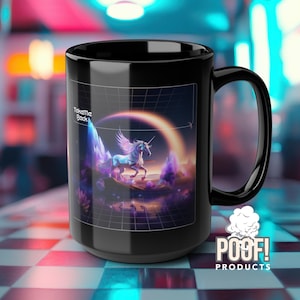 May include: Black ceramic mug with a white unicorn standing on a mountain with a rainbow arching over it. The text "Take me Back" is in the top left corner of the image.