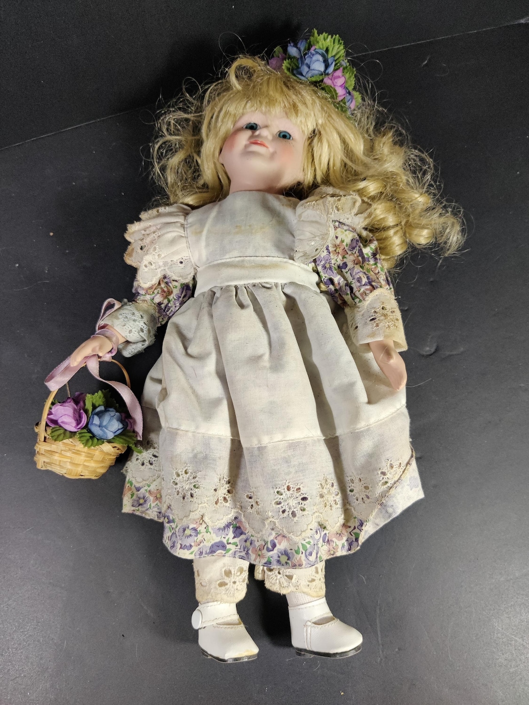 Vintage Porcelain Doll, Flower Basket, 15