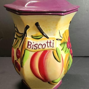 Vintage Nonni&#39;s Biscotti Ceramic Cookie Jar With Handpainted Fruit Motif
