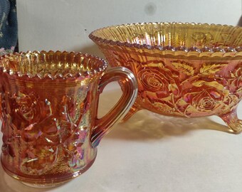 Vintage Imperial Marigold Carnival Glass Bowl with Sugar Bowl