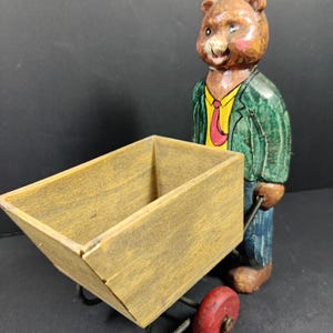 Vintage Hand carved and Painted Wooden Bear & Cart Figurine