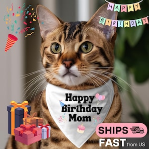 Happy Birthday Cat Bandana for Mom, Dad, Sis, Bro – Cat Bandana Gift for Family Birthday Party, Cute Cat Bandana Adjustable Collar