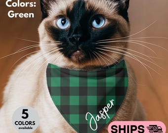 Personalized Cat Bandana with Name – Buffalo Plaid Pet Collar Accessory – Custom Kitten Scarf – Custom Cat Bandana – Christmas Cat Bandana