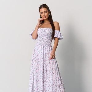 Off Shoulder Floral Maxi Dress – Romantic Smocked Bodice Summer Dress with Puff Sleeves, Boho Garden Party Outfit for Women