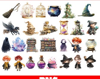 Paquete PNG de la Escuela de Magos Mágicos (213 diseños) / Clipart de Magia Fantástica / Elementos de la Escuela de Magos / Paquete PNG de Pociones y Hechizos