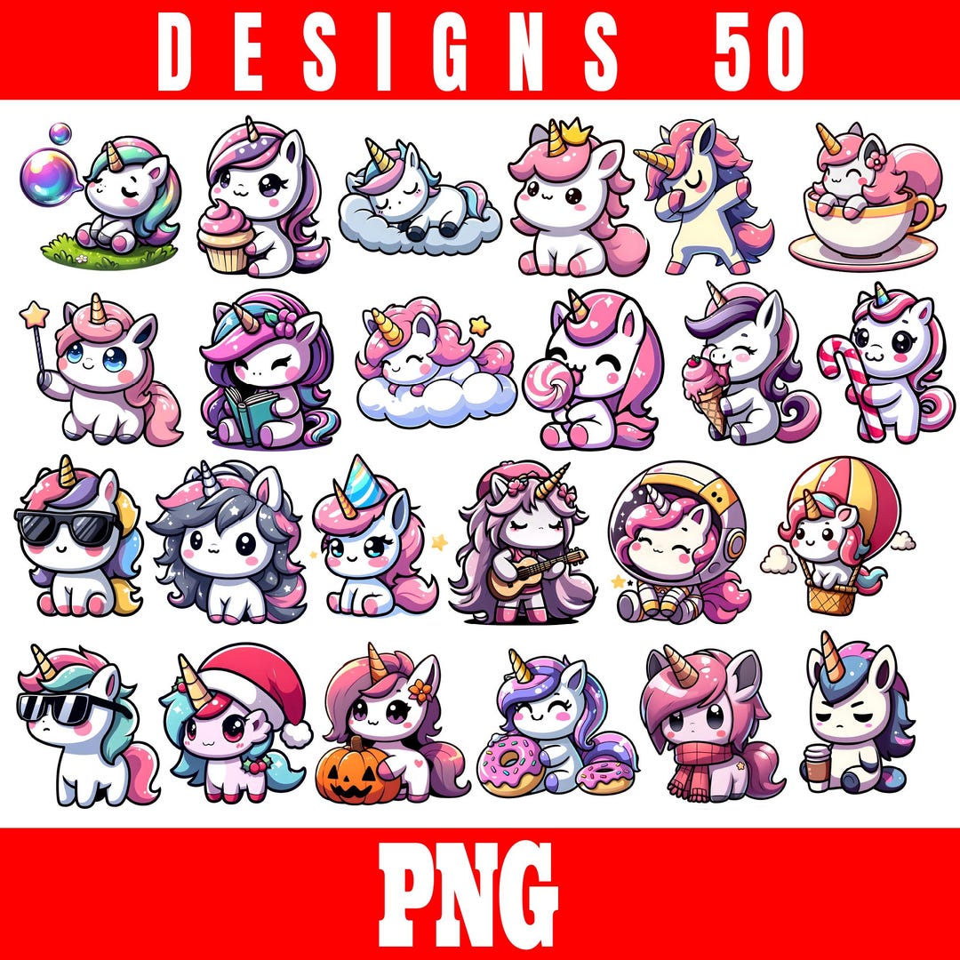 Cute Unicorn PNG Bundle 50 Designs | Kawaii Unicorn Clipart | Magical ...