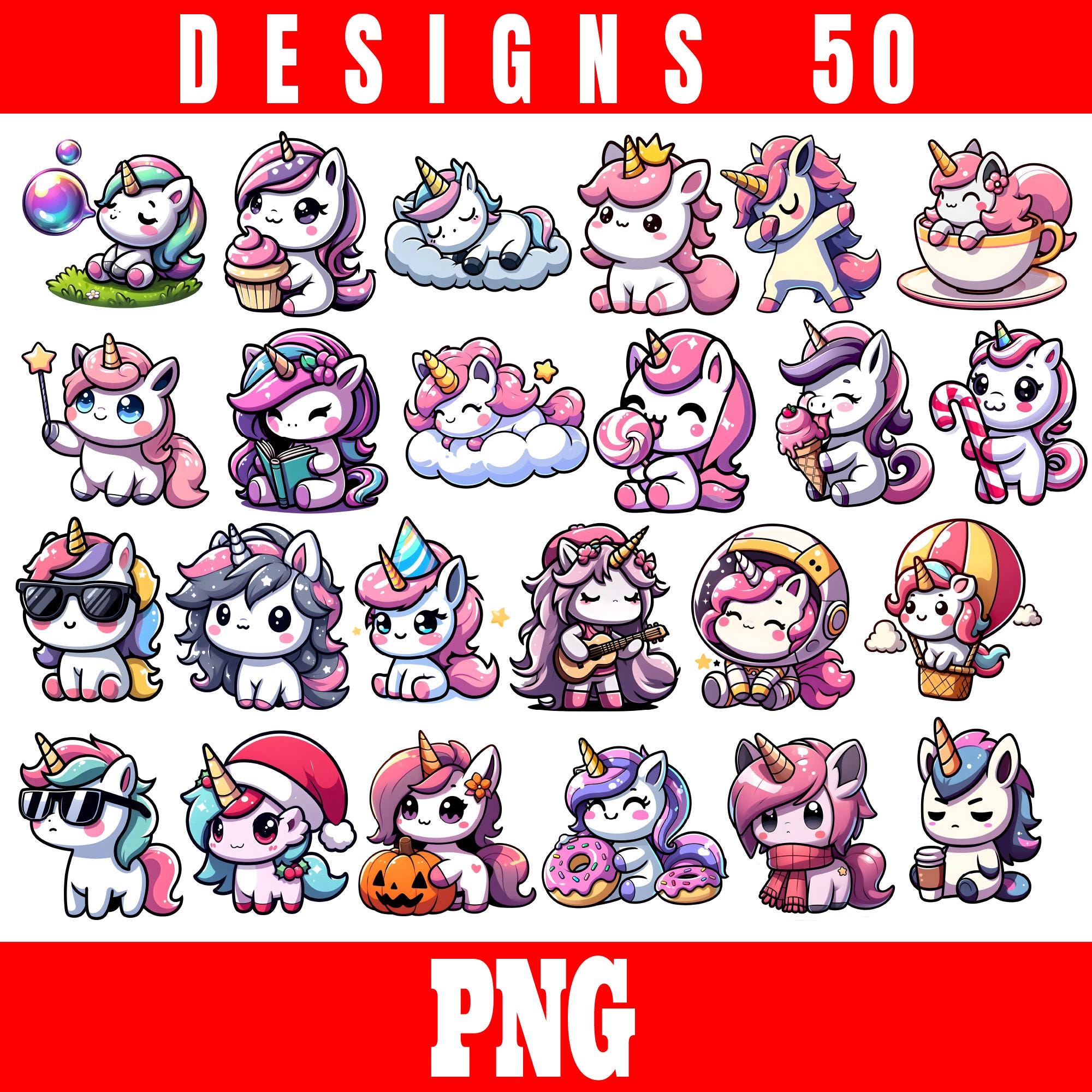 Cute Unicorn PNG Bundle 50 Designs | Kawaii Unicorn Clipart | Magical ...