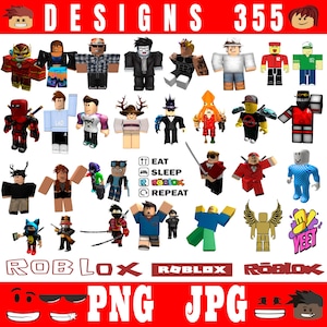 May include: A collection of Roblox character designs in various outfits and styles. The image includes text that says "DESIGNS 355", "EAT SLEEP ROBLOX REPEAT", "ROBLOX", "PNG JPG", and the word "YEET".