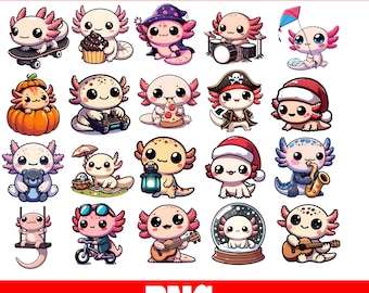 Clipart de ajolote kawaii / Paquete de 50 PNG, pegatinas de animales de dibujos animados (descarga digital)
